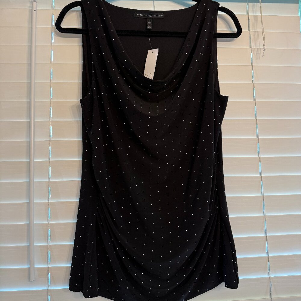 NWT WHBM Sleeveless Ruched Tank Top in Black with Silver Studs (Size: M)